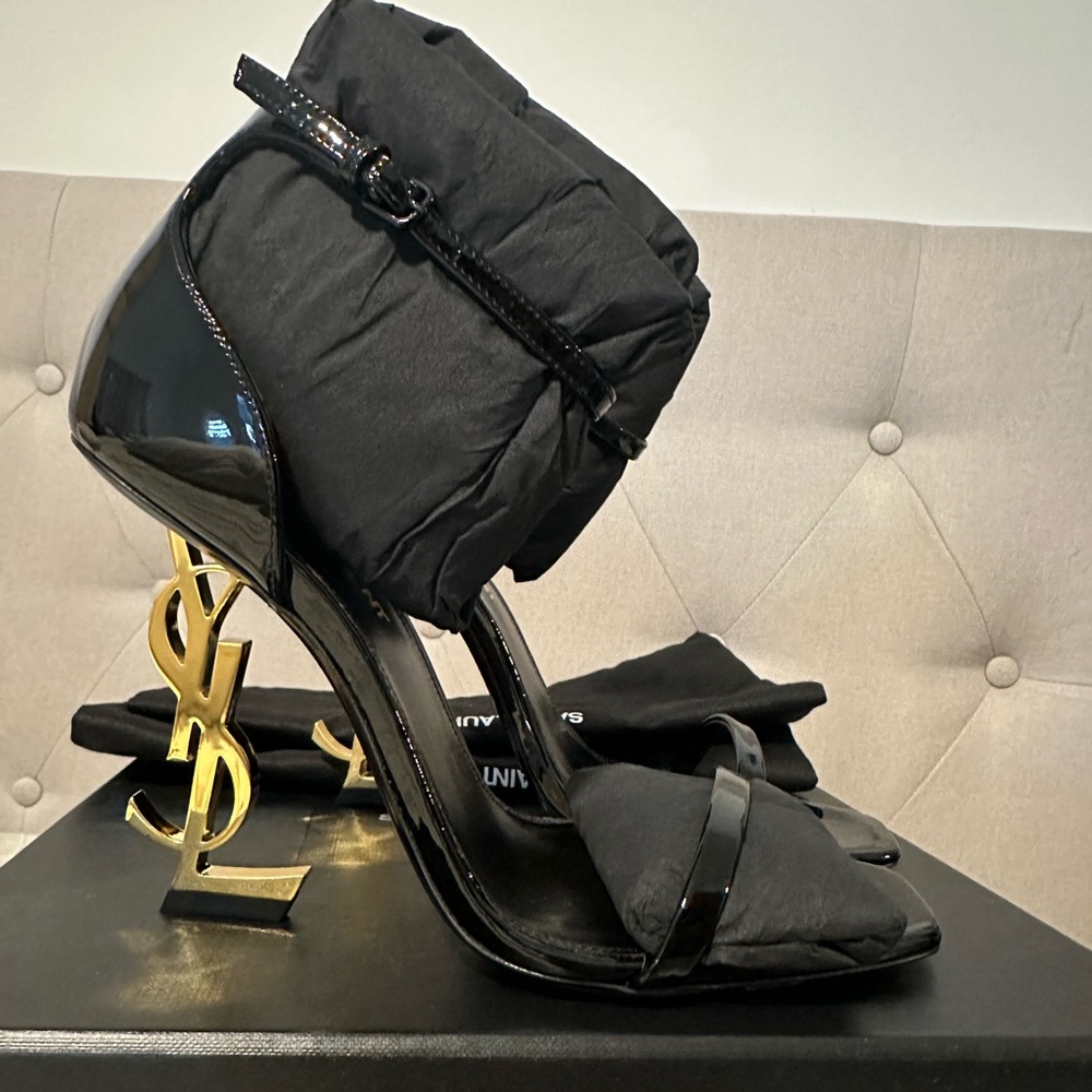 BLACK/GOLD Opyum YSL Logo-Heel Sandals with Golden Hardware Size :6